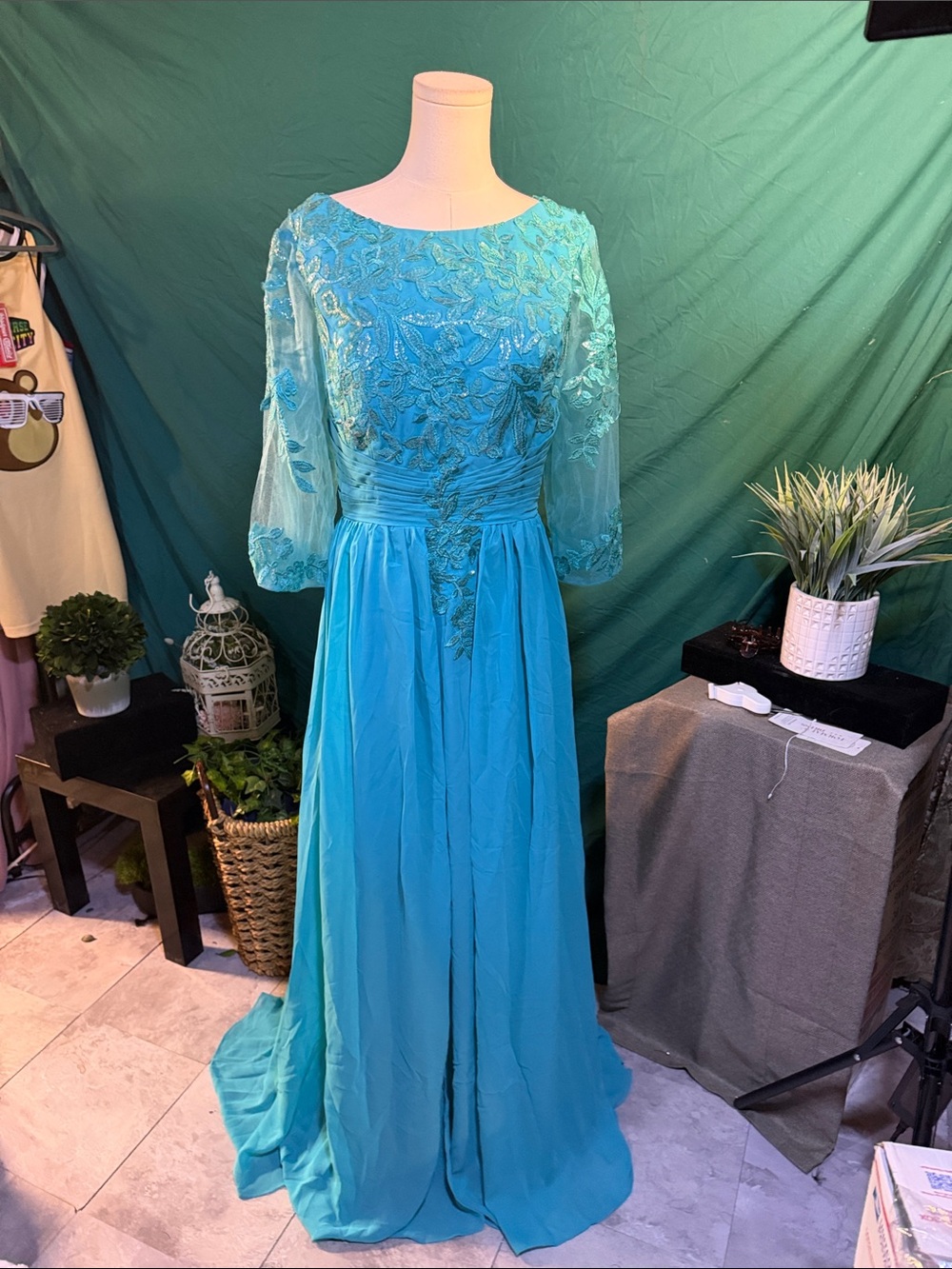 Turquoise Embroidered Maxi Dress with Sheer Sleeves